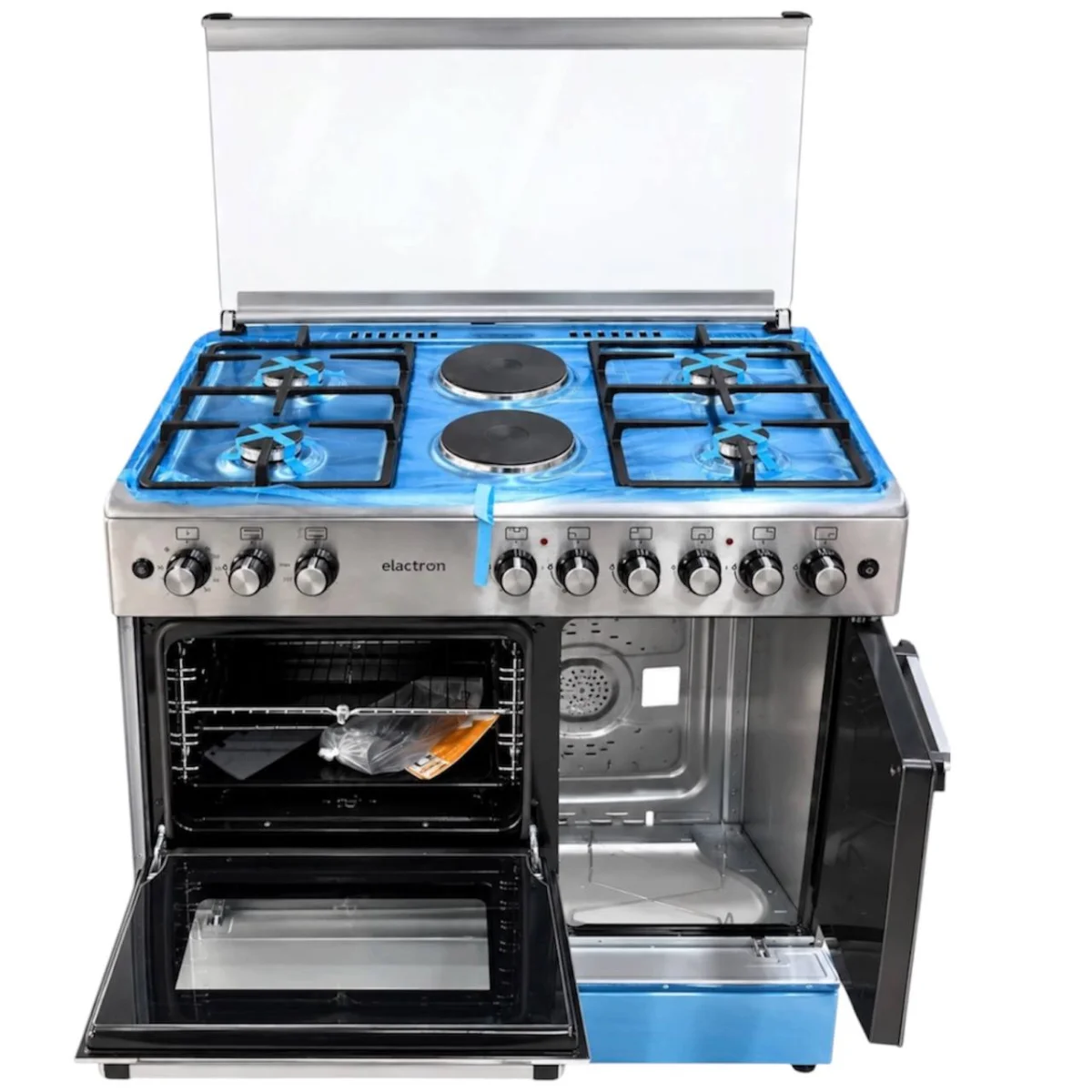 CUISINIERE ELACTRON 6FEUX 90X60 4f Gaz +2F ELECTRIQUE  A GAZ AVEC  PORTE BOUTEILLE F9S42G-IX